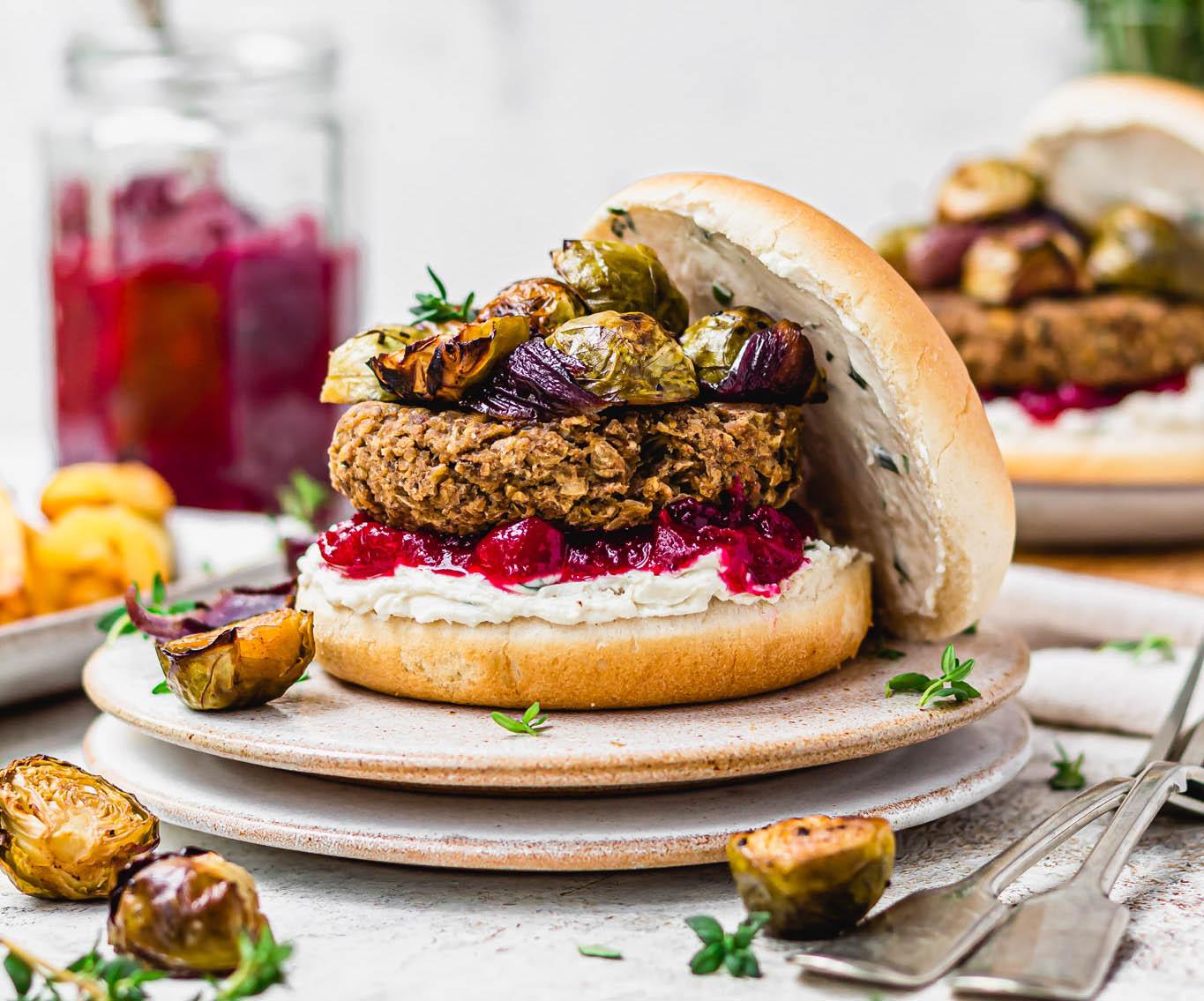 Chickpea Chestnut and Cranberry Burgers with Roasted Sprouts Festive Burgers: Chickpea Chestnut and Cranberry Burgers with Roasted Sprouts
