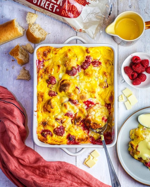 White chocolate and raspberry bread and butter pudding